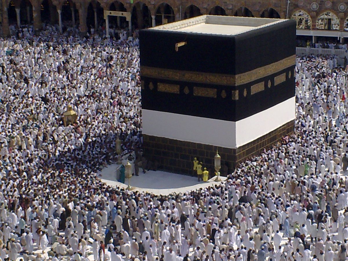 The Kaaba surrounded by pilgrims performing Tawaf, seen from above